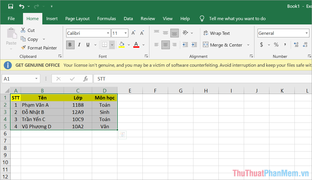 Chọn vùng ô bảng cần tạo viền trong Excel