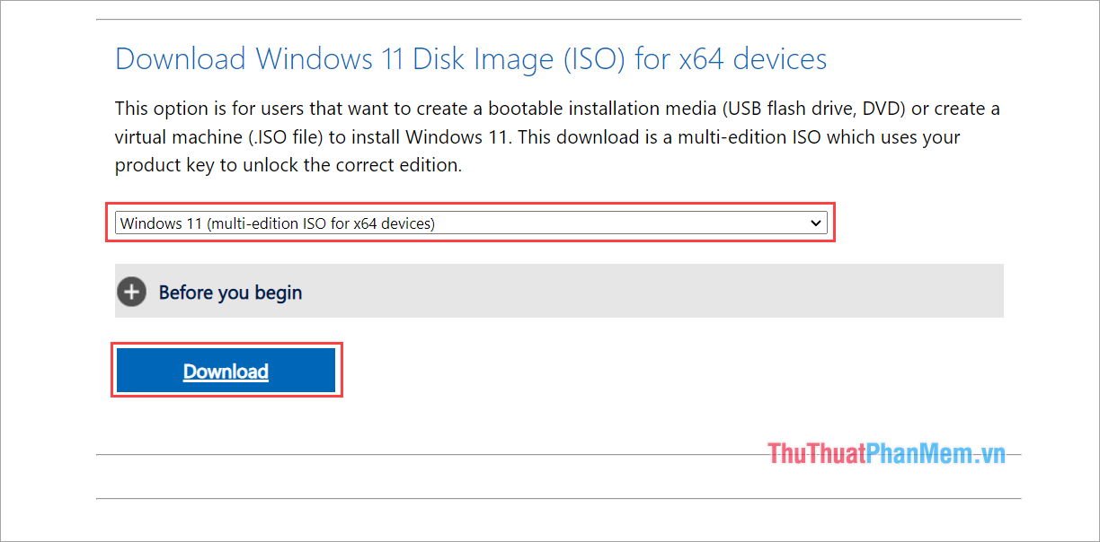 Chọn phiên bản Windows 11 (multi-edition ISO for x64 devices) và nhấn Download để tìm kiếm
